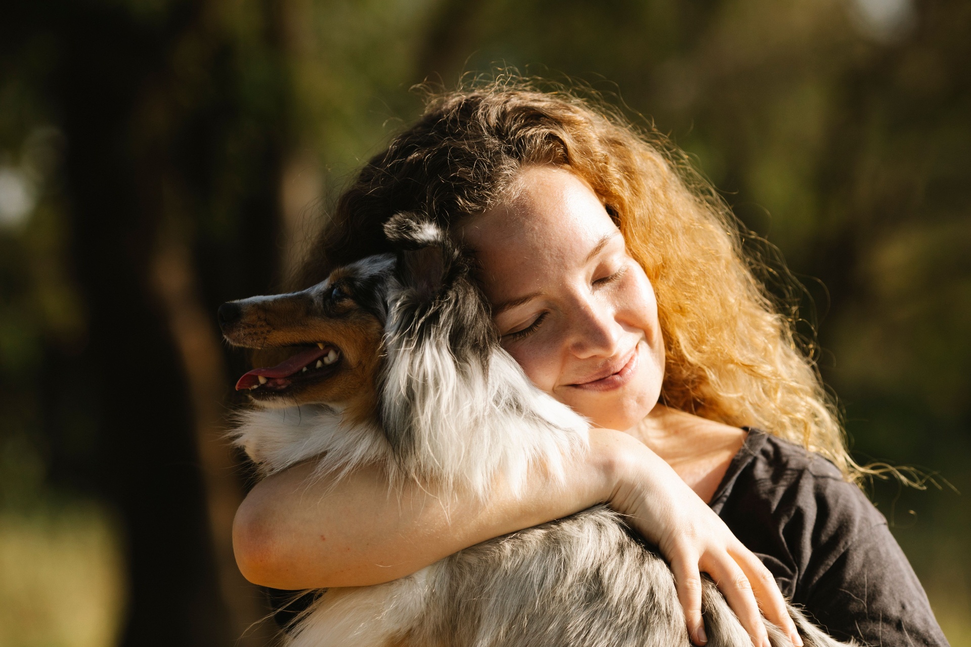 A quiet moment between an owner and her dog in golden afternoon light.